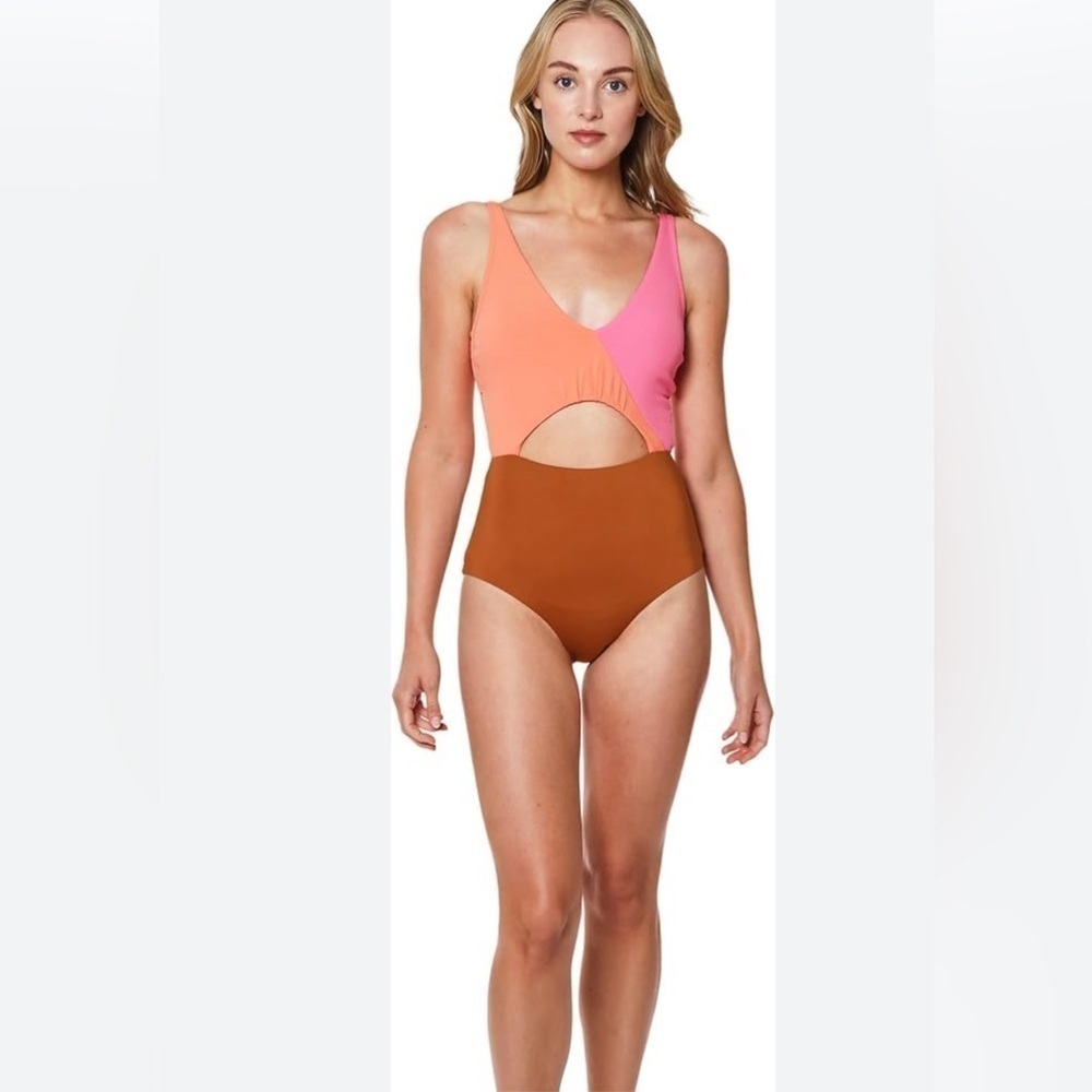 Sanctuary Block Party Colorblock Twist Cut Out One Piece Swimsuit SZ L